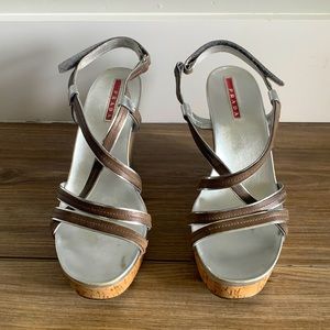 Prada Silver Cork Platform Wedge Sandals